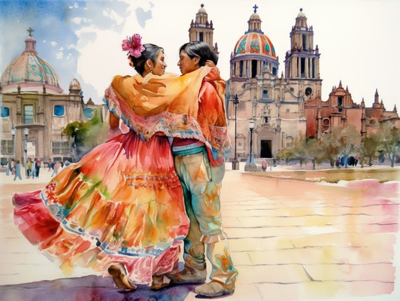 Dancing Couple In Mexico Front Of A Cathedral Wall Art Decoration Mural Church Love Watercolor