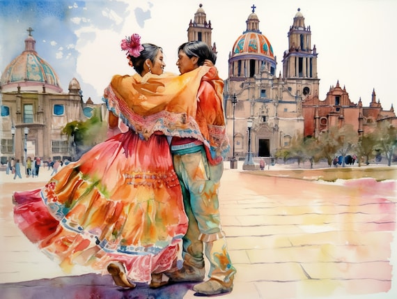 Mexican Couple Dancing In Front Of Colonial Cathedral Watercolor Poster