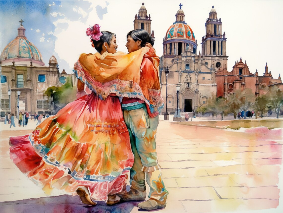 Mexican Couple Dancing In Front Of Colonial Cathedral Watercolor Poster