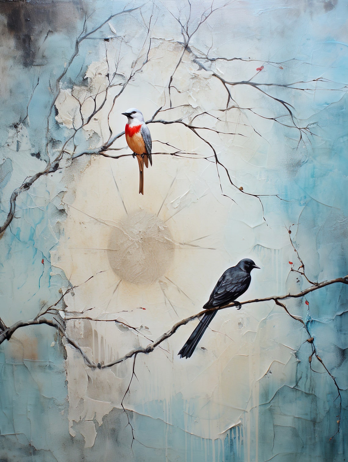 Two Birds On Winter Branches Textured Abstract Bird Art Poster