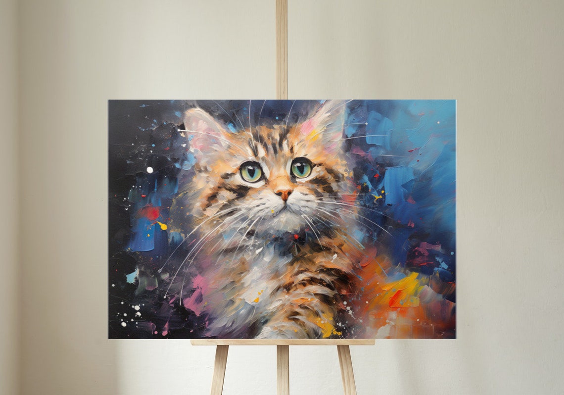 Cute Tabby Cat Colorful Abstract Portrait Painting Vivid Art Poster