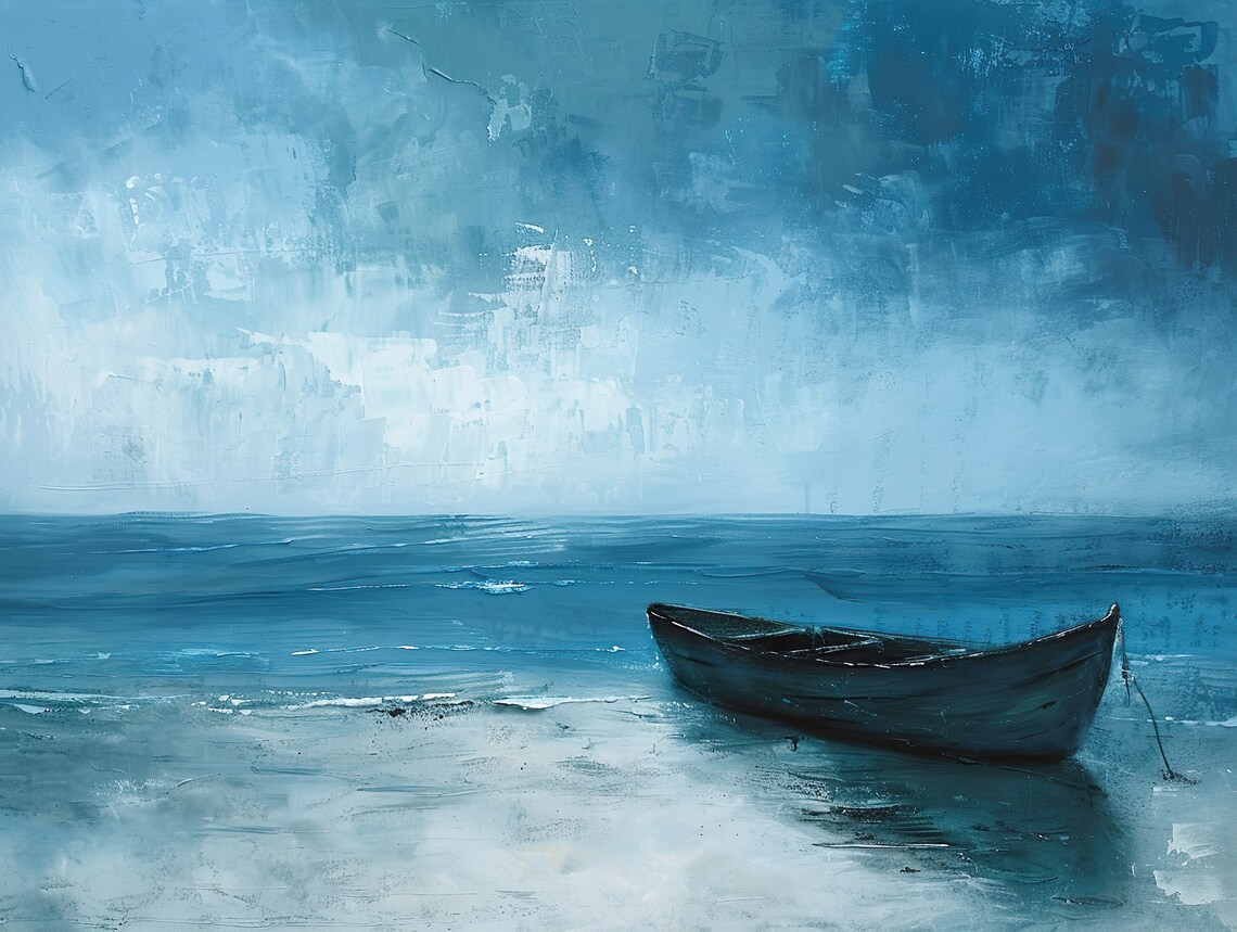 Lone Boat On Calm Blue Sea Minimalist Seascape Oil Painting Poster