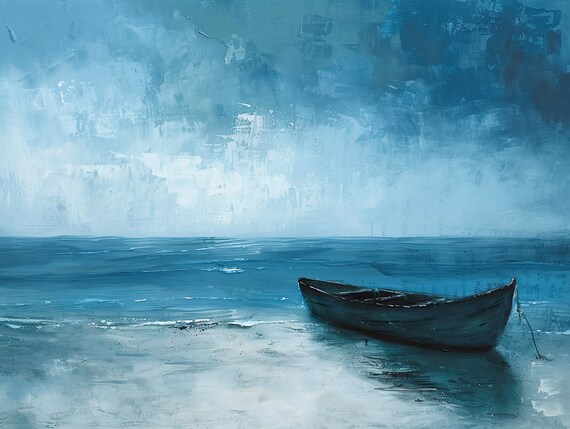 Lone Boat On Calm Blue Sea Minimalist Seascape Oil Painting Poster