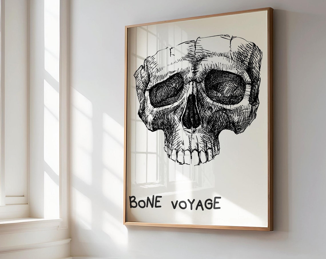 Bone Voyage Skull Sketch Funny Minimalist Halloween Art Poster - Image 3