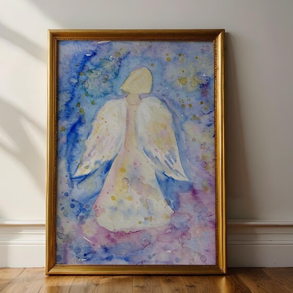 Angel Watercolor Wall Art Abstract Guardian Angel Blue Purple Print