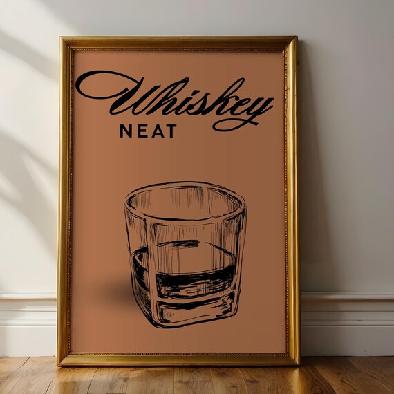 Whiskey Neat Bar Cart Print Terracotta Script Cocktail Sketch Wall Art