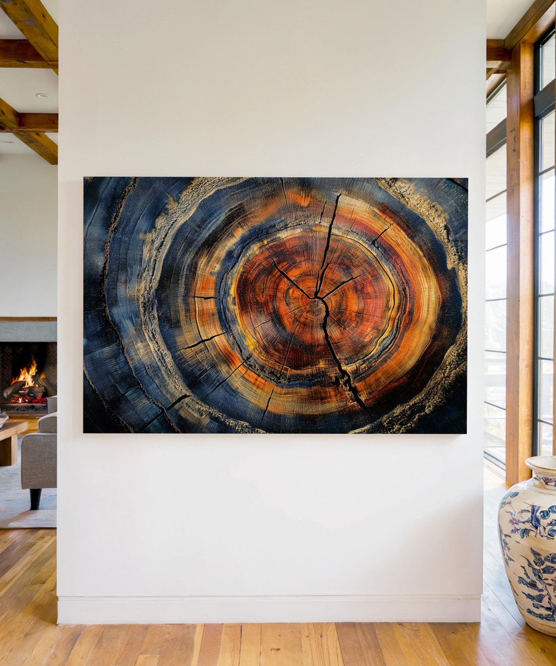 Rustic Tree Rings Cracked Heartwood Blue Orange Cabin Wall Art Poster