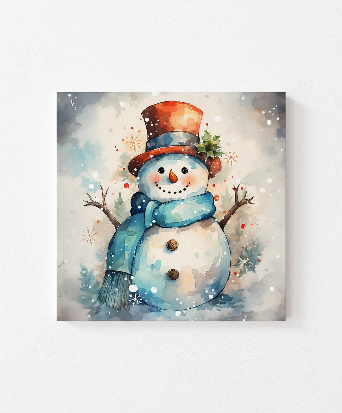 Watercolor Snowman Red Top Hat Blue Scarf Cheerful Winter Art Poster