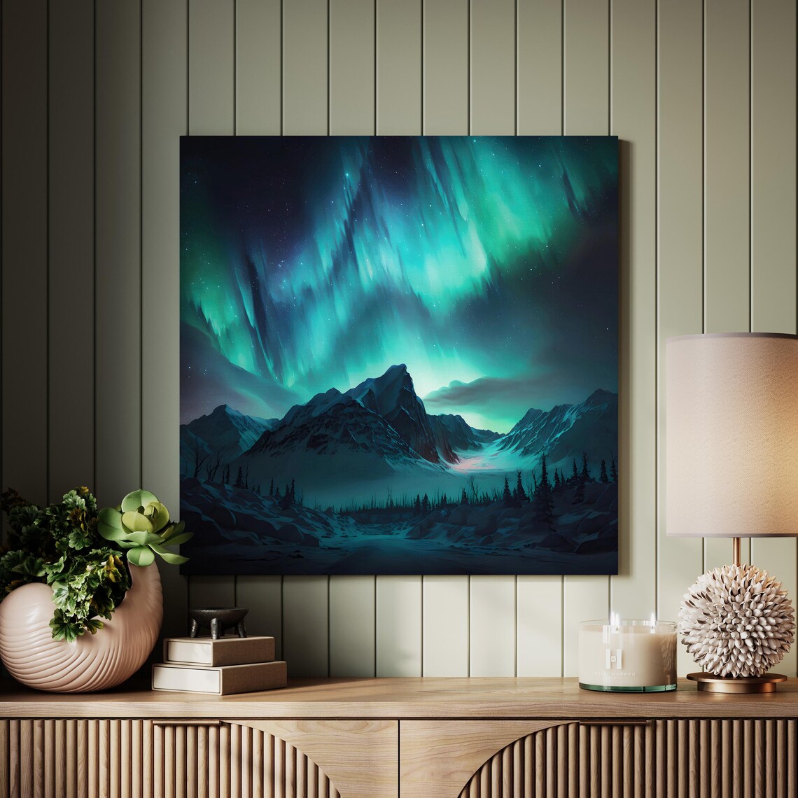 Northern Lights Aurora Borealis Snowy Mountain Night Sky Travel Poster