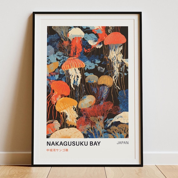 Jellyfish Print Japanese Ocean Wall Art Coastal Bathroom Decor In Blue Nakagusuku Bay Text No Versions