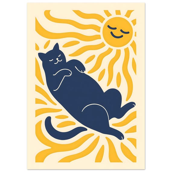 Cat Matisse Print Minimalist Sunbathing Wall Art Navy And Yellow Feline Poster Modern Abstract Illustration For Home Decor