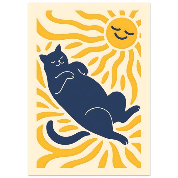 Sunbathing Cat Navy And Yellow Matisse Style Modern Art Poster