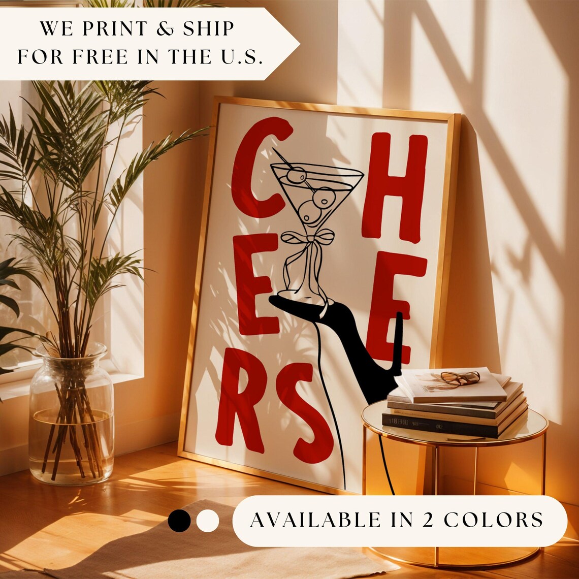 Cheers Retro Cocktail Poster, Bar Cart Kitchen Decor