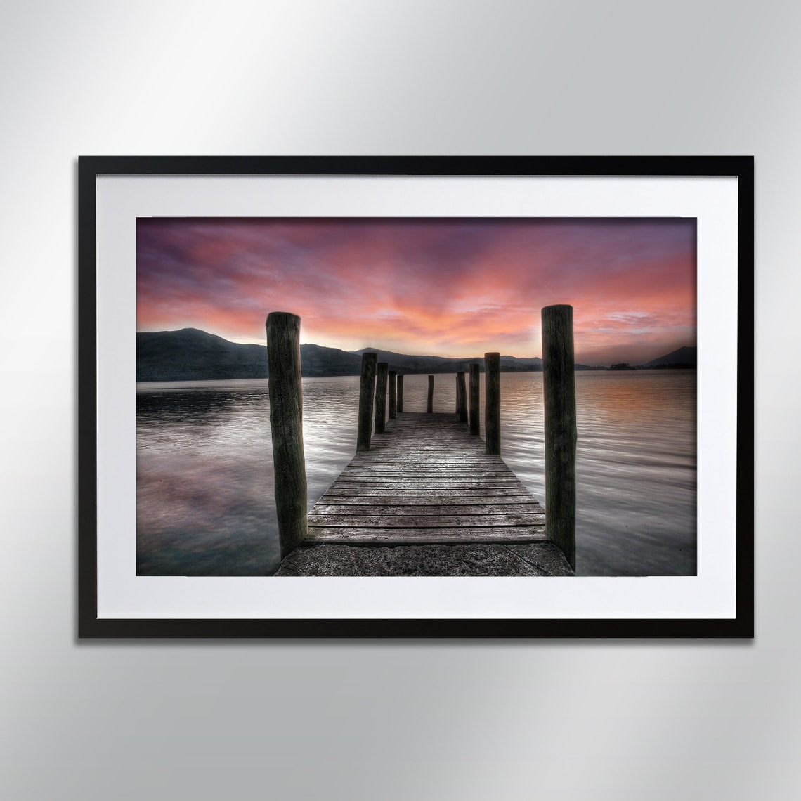 Derwentwater Wooden Jetty Sunset Pink Sky Lake District Poster