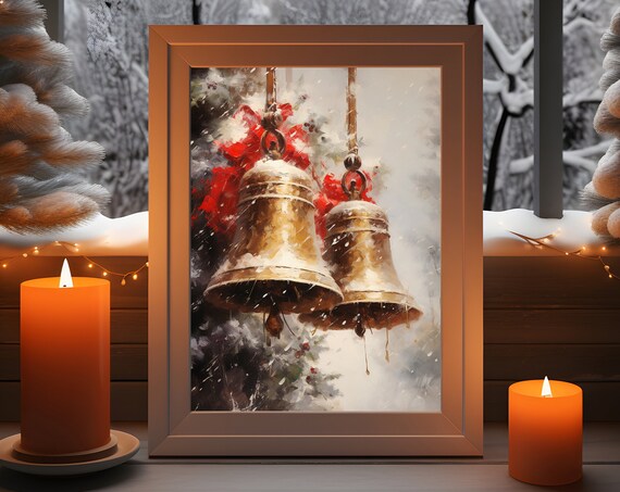 Vintage Brass Christmas Bells Red Bows Winter Snowfall Art Poster