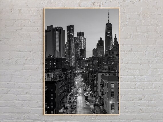 New York City Street at Dusk Black and White Skyline Photo Poster