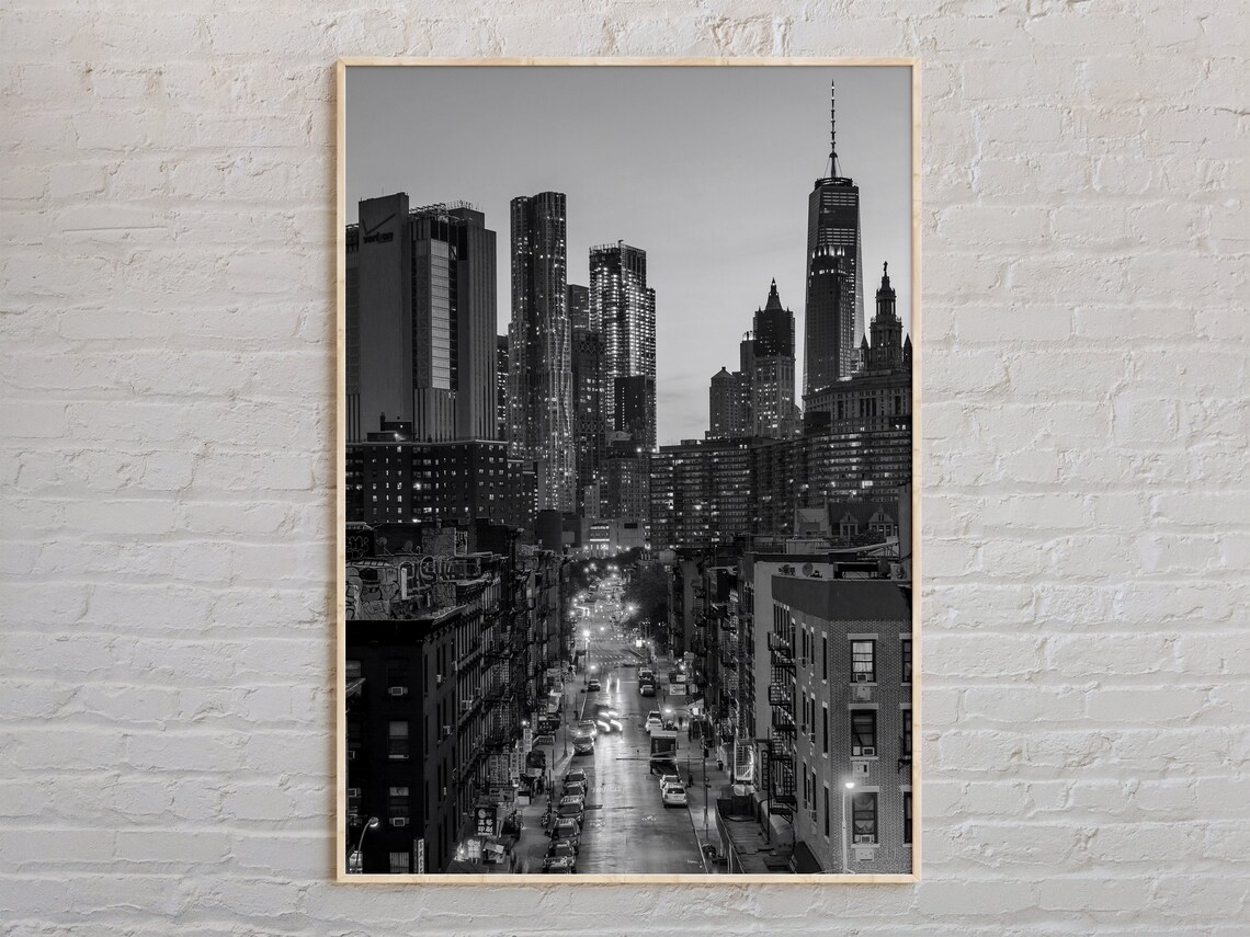 New York City Street at Dusk Black and White Skyline Photo Poster