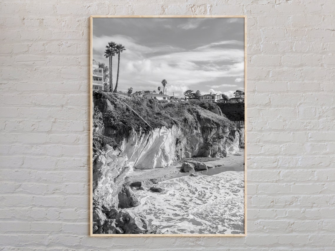 Pismo Beach Coastal Cliffs Waves Black White Photography Poster