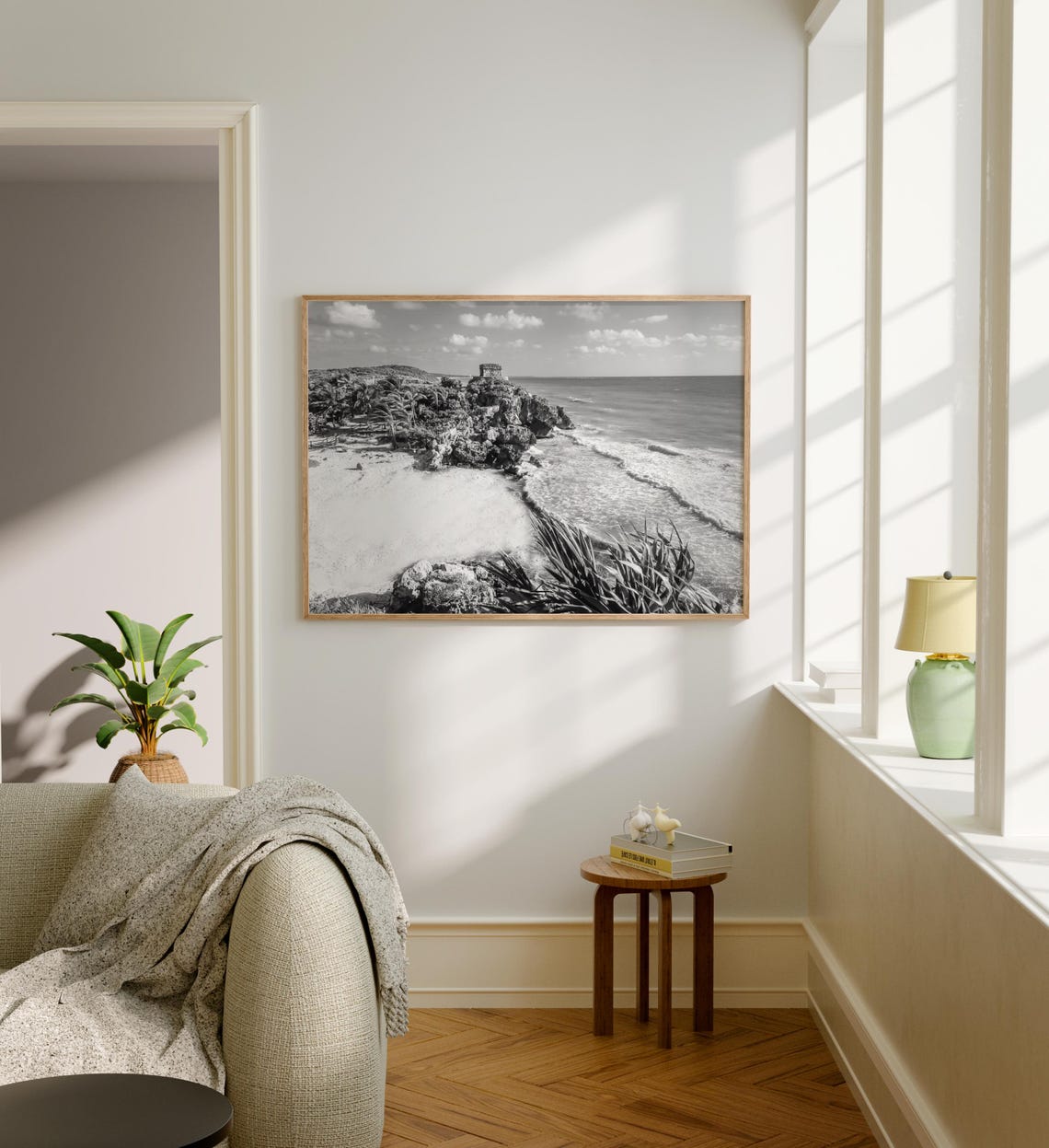 Tulum Mexico Mayan Ruins Cliffside Beach Black And White Ocean Poster - Image 5