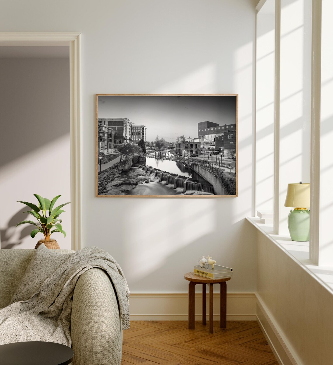 Greenville River Falls Footbridge Downtown Black and White Poster - Image 5