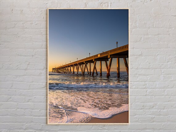 Golden Sunset Pier Over Ocean Waves Wrightsville Beach NC Travel Poster