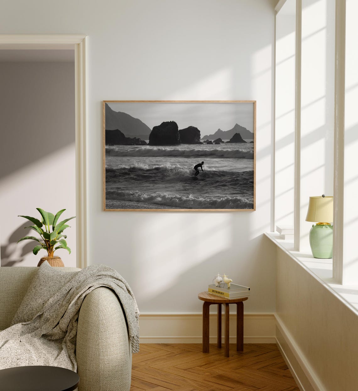 Pacifica California Surfer Wave Black White Surf Landscape Poster