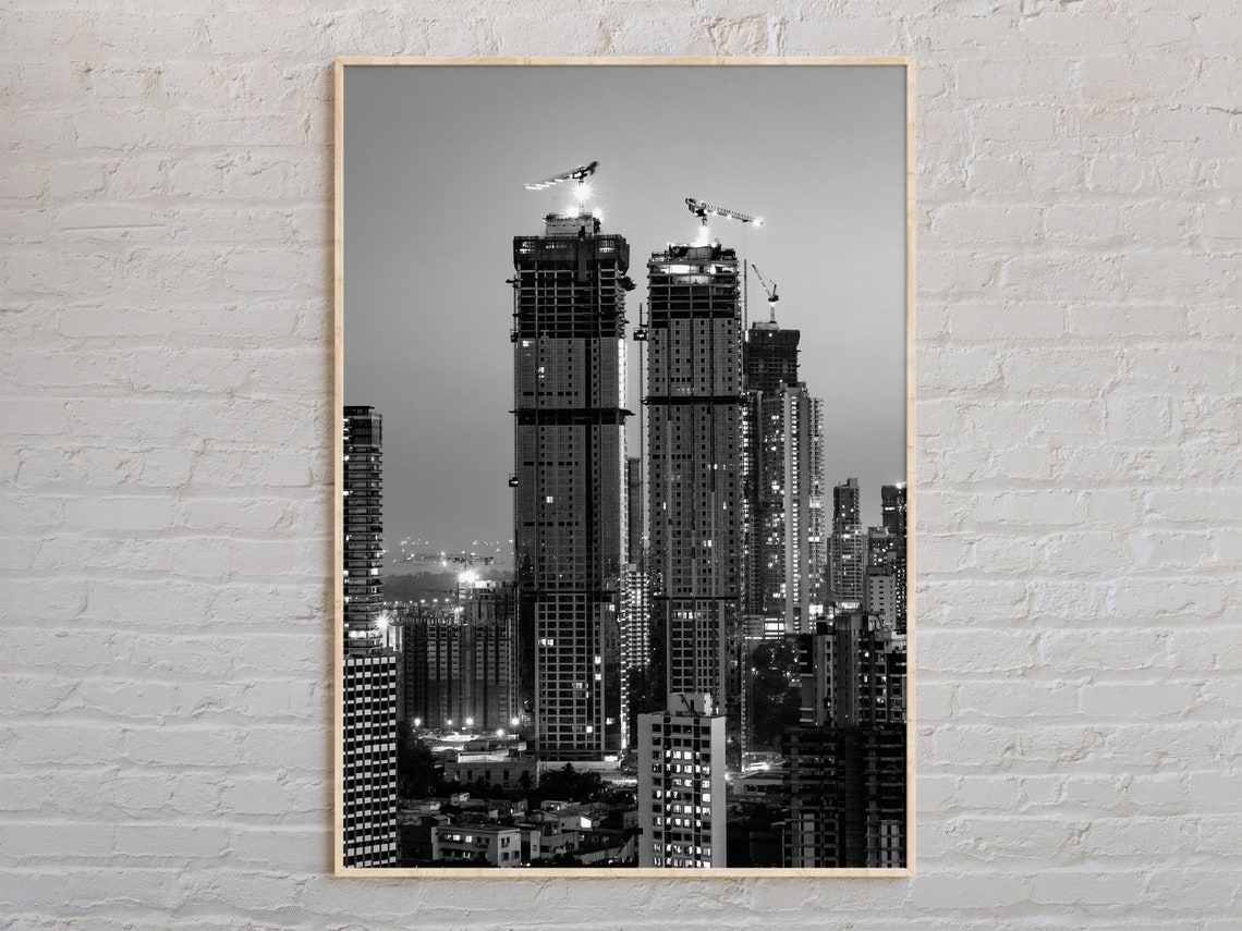 Mumbai Skyscrapers Night Construction Black And White Photo Poster