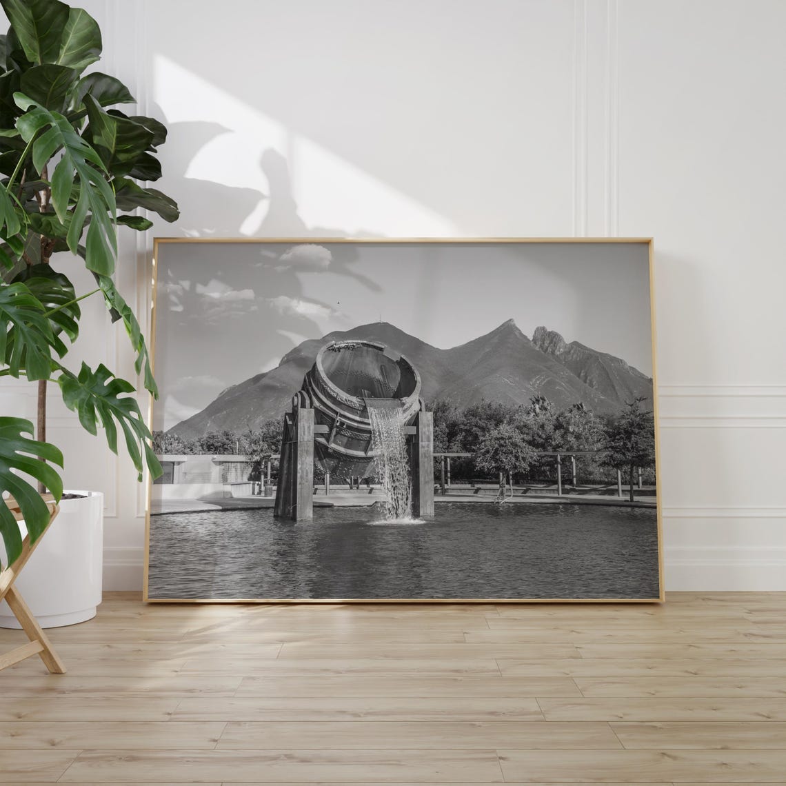 Monterrey Fountain Sculpture Black and White Mountain Park Poster - Image 2