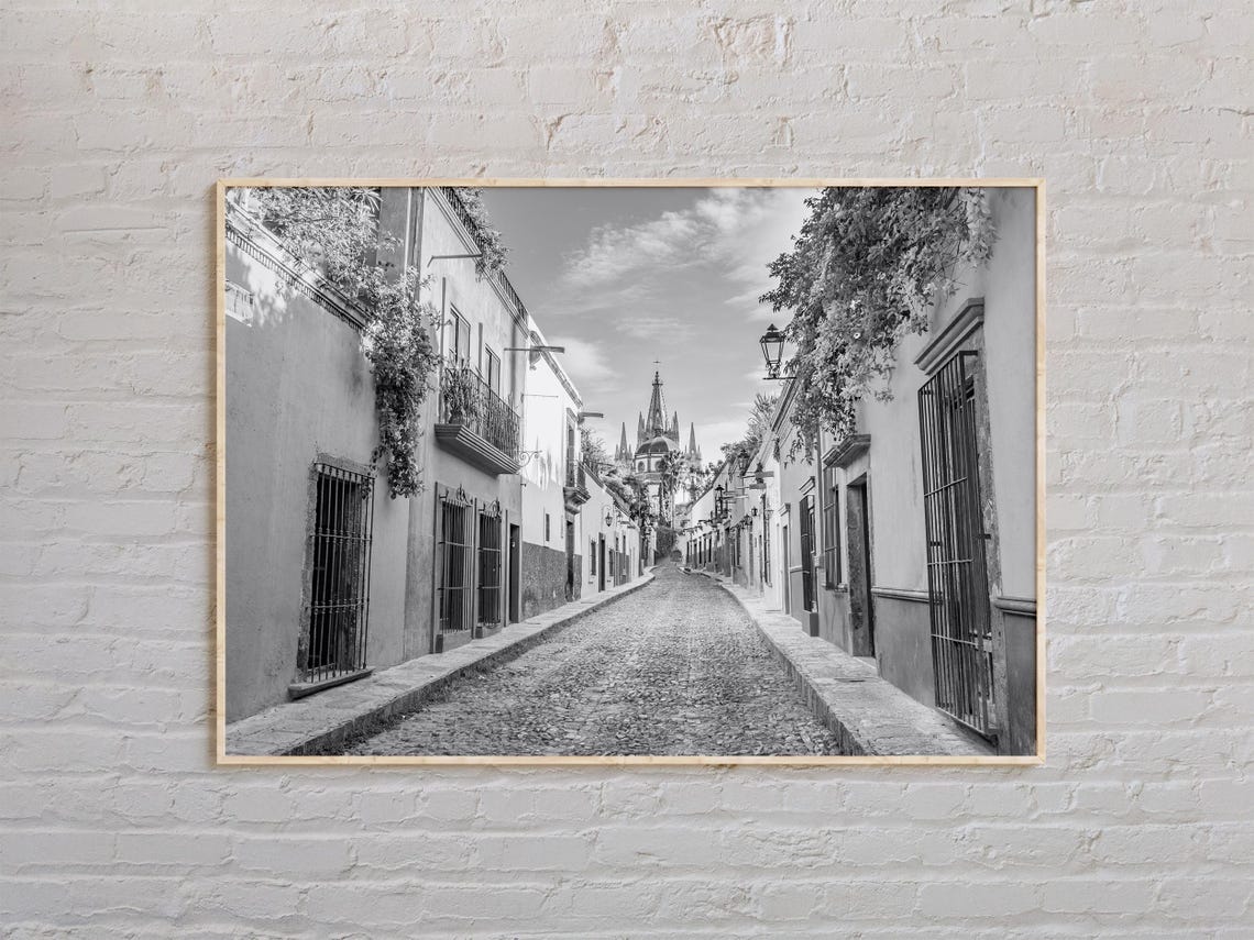 San Miguel de Allende Cobblestone Street Black and White Poster