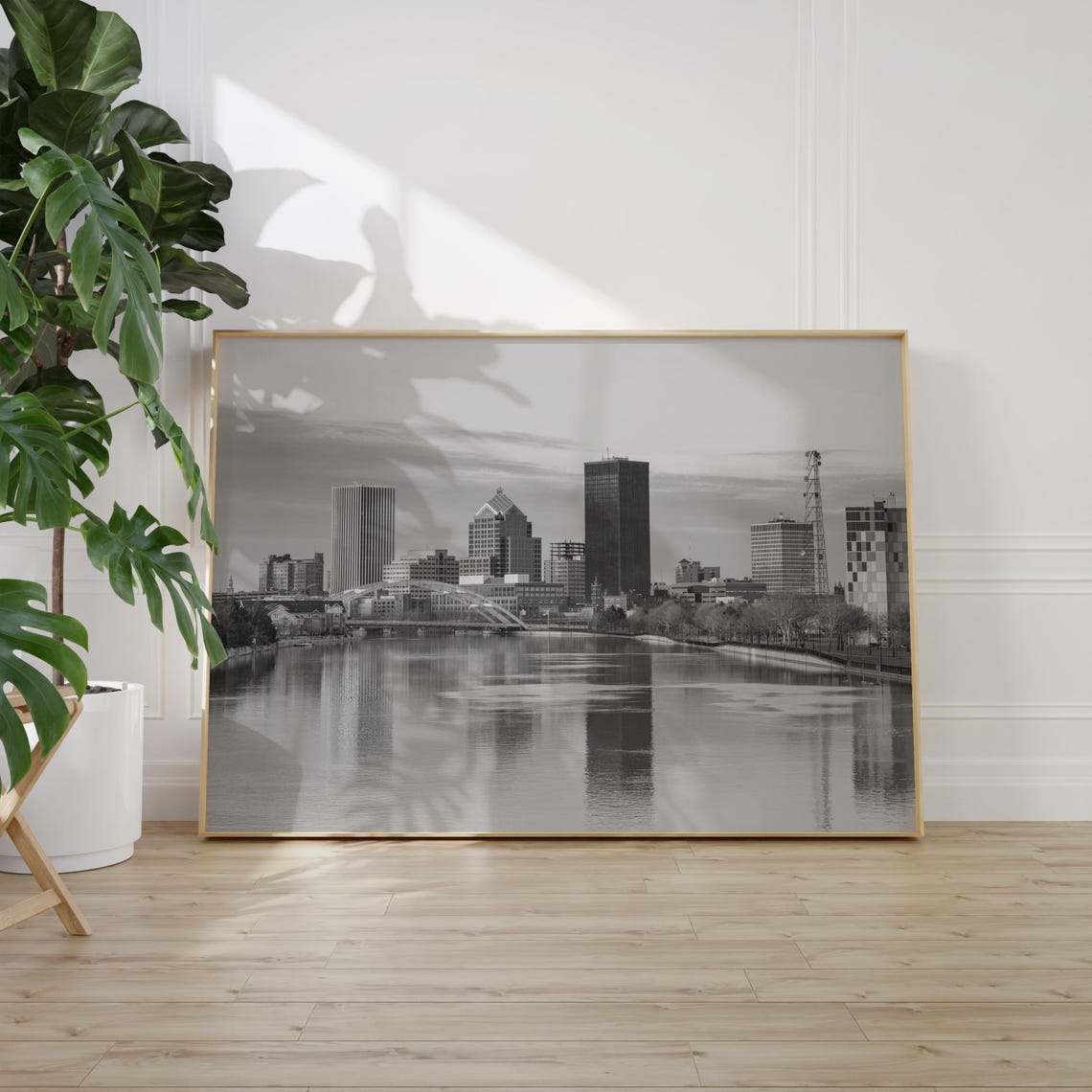 Rochester Skyline Arch Bridge River Black and White City Poster - Image 2