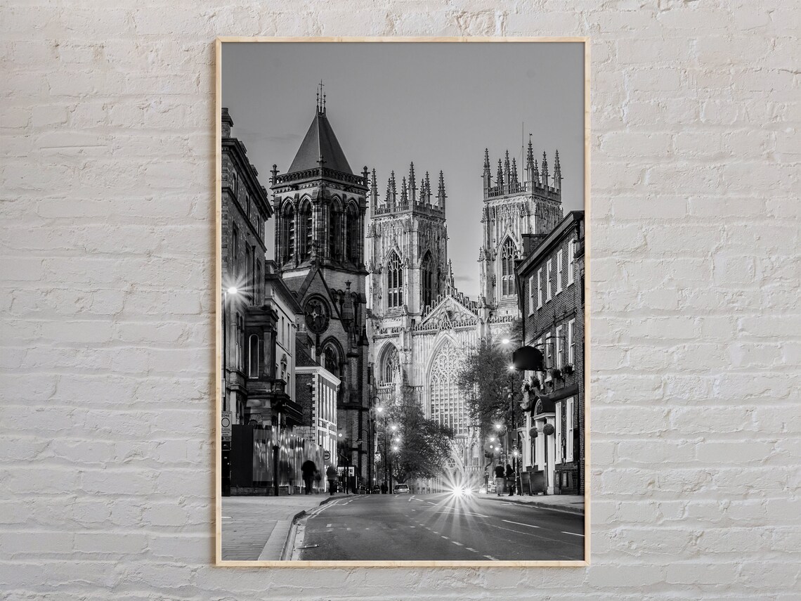 Black And White Gothic Cathedral Night Street Lamp Photo Poster