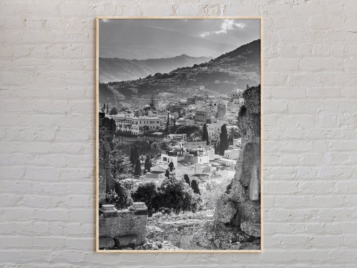 Black And White Sicily Hilltop Town Ancient Ruins Photo Print