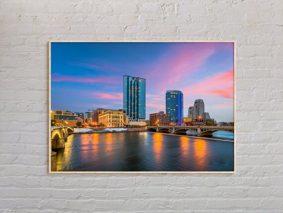 Grand Rapids Michigan Skyline Dusk Photo Print Grand River City
