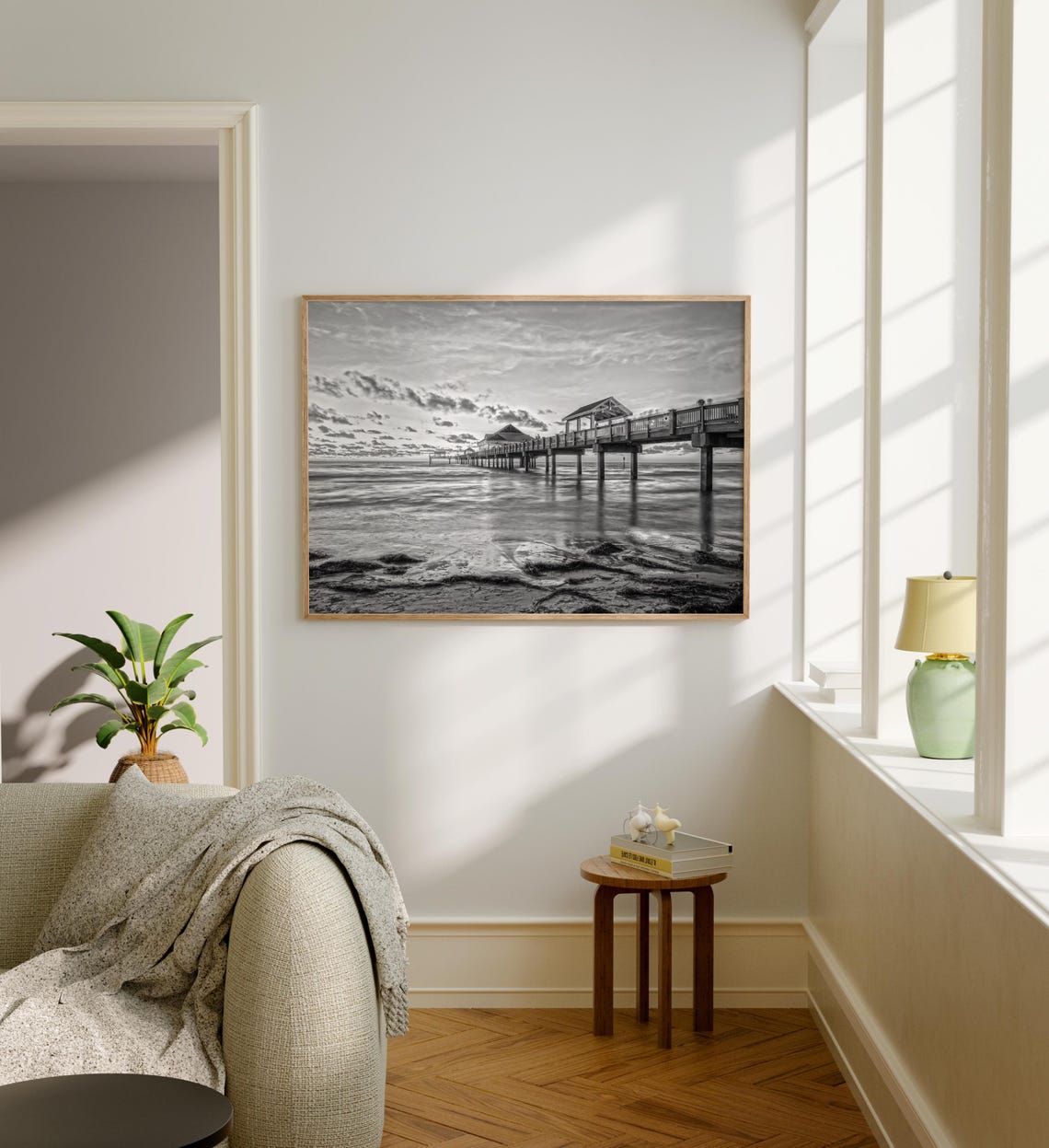 Clearwater Beach Pier Over Ocean Sunset Black and White Poster - Image 5