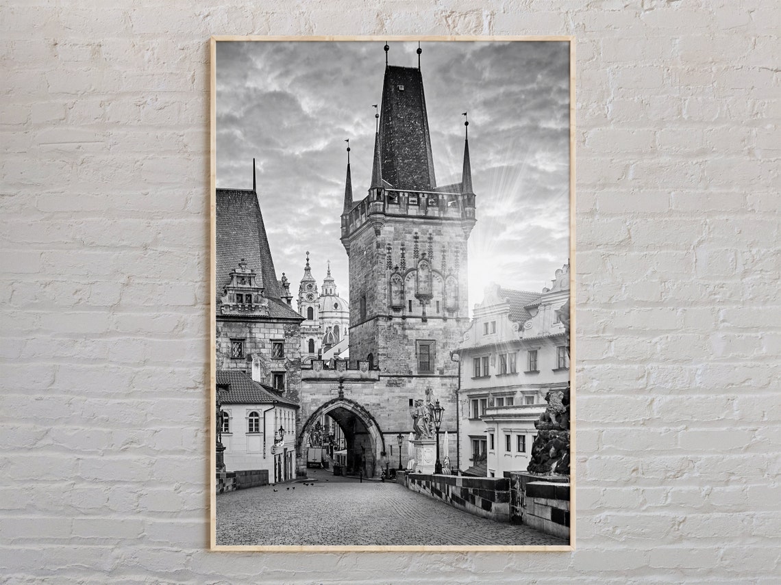 Prague Old Town Bridge Tower Black And White Europe Photo Poster