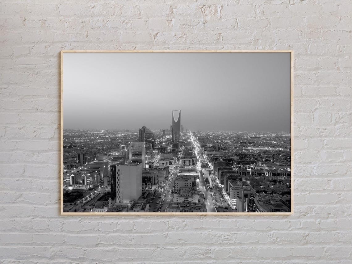 Saudi Arabia Riyadh Night Skyline Kingdom Tower Black White Poster