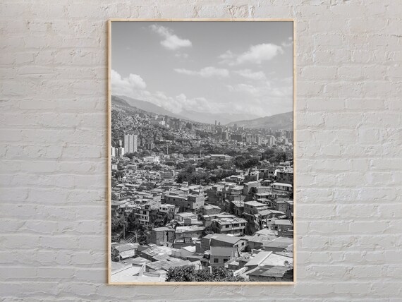 Medellin Colombia Hillside City Panorama Poster Black And White Urban Photo