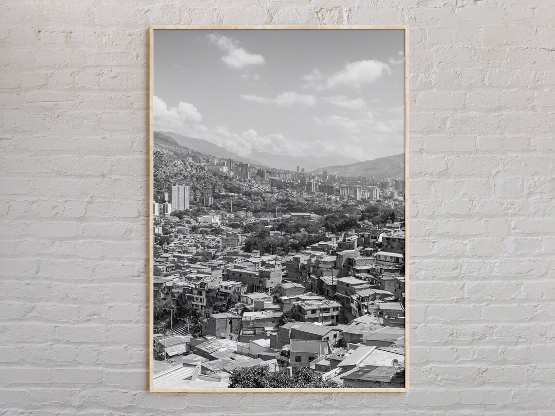 Medellin Colombia Hillside City Panorama Poster Black And White Urban Photo
