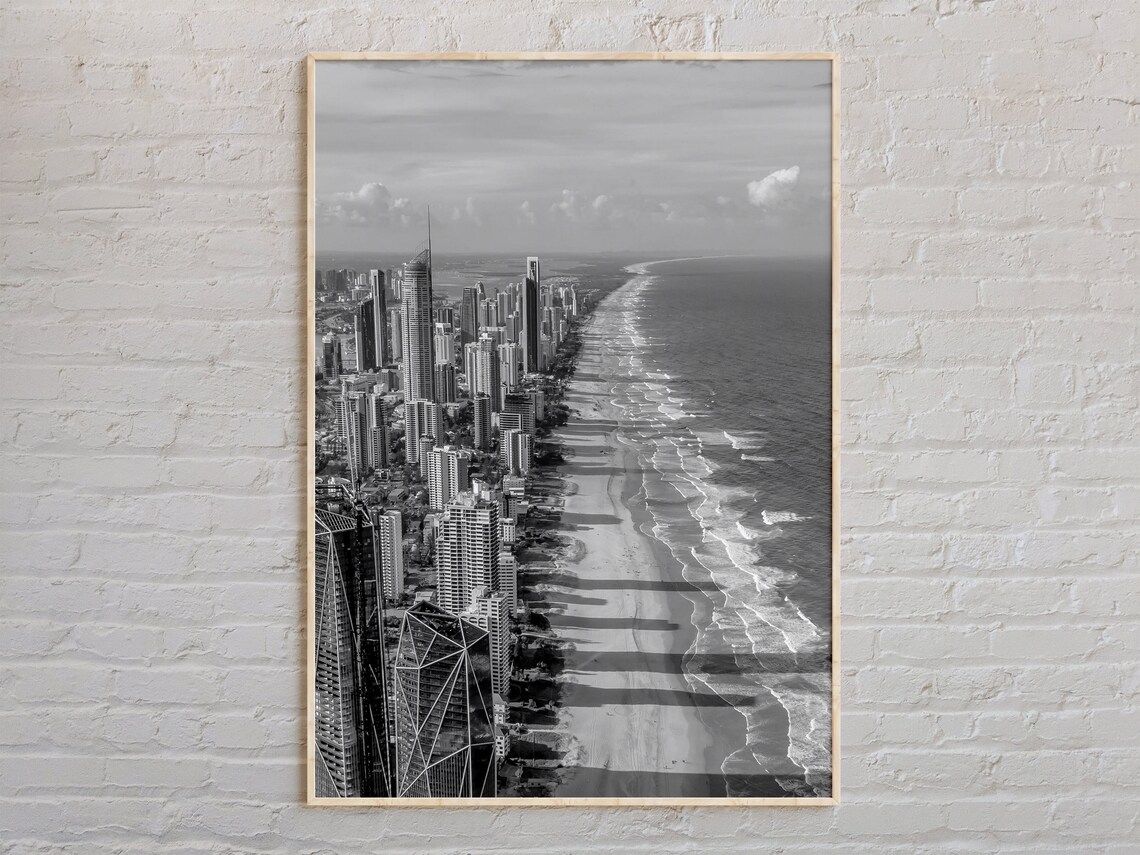 Gold Coast Australia Aerial Beach Skyline Black And White Photo Poster