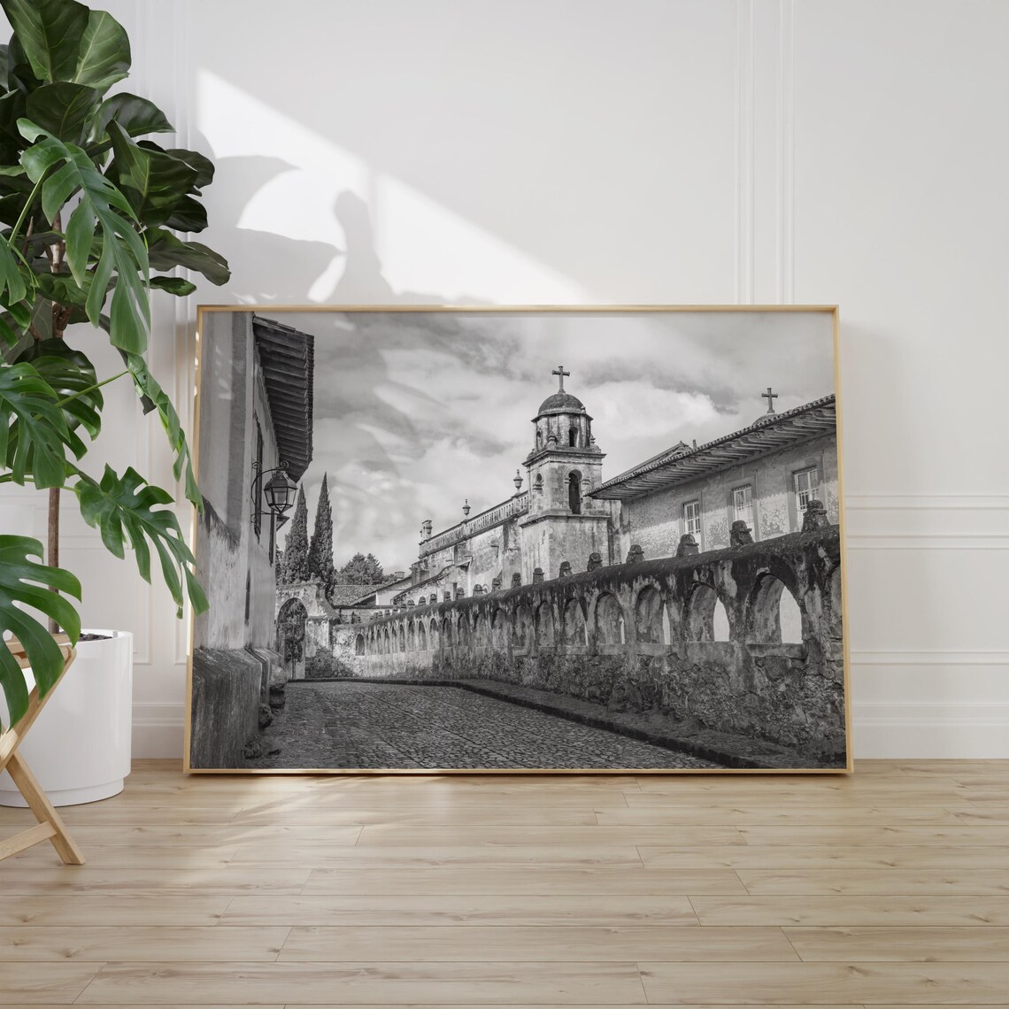 Michoacan Colonial Stone Church Street Black and White Mexico Poster - Image 2