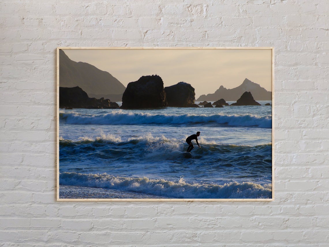 Pacifica California Surfer Sunset Wave Rocky Coastline Photo Poster