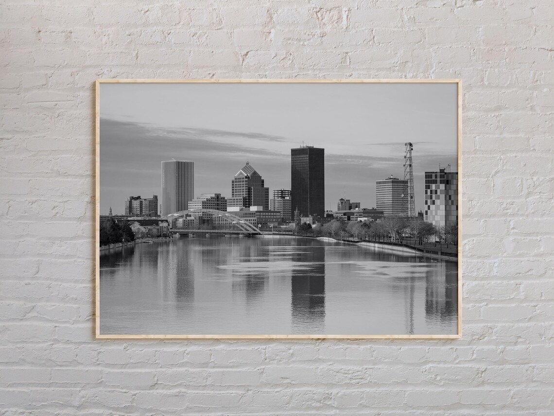 Rochester Skyline Arch Bridge River Black and White City Poster