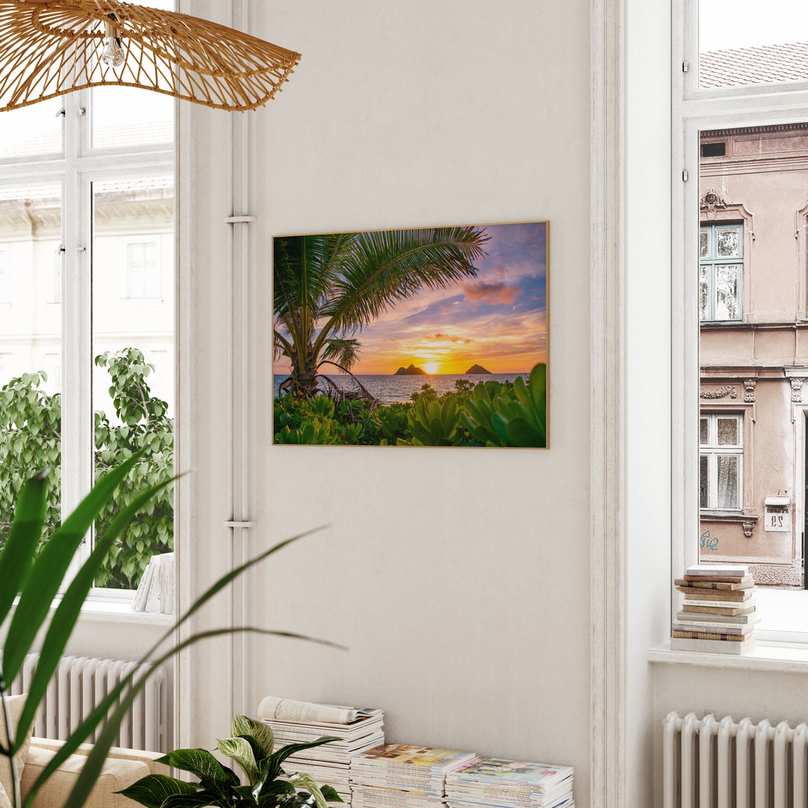 Oahu Hawaii Lanikai Sunrise Palm Tree Mokulua Islands View Poster - Image 3