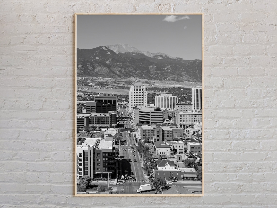 Colorado Springs City Skyline Black and White Mountain View Poster