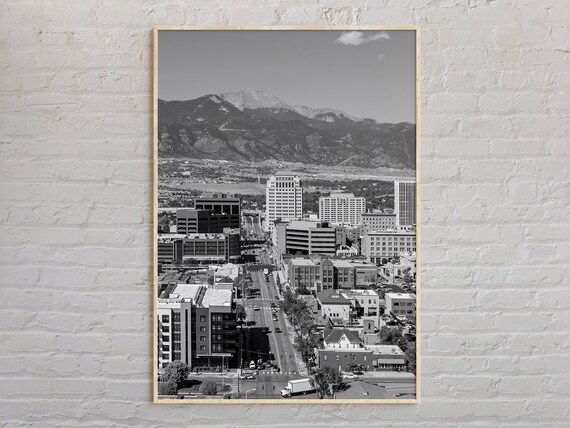 Colorado Springs City Skyline Black and White Mountain View Poster