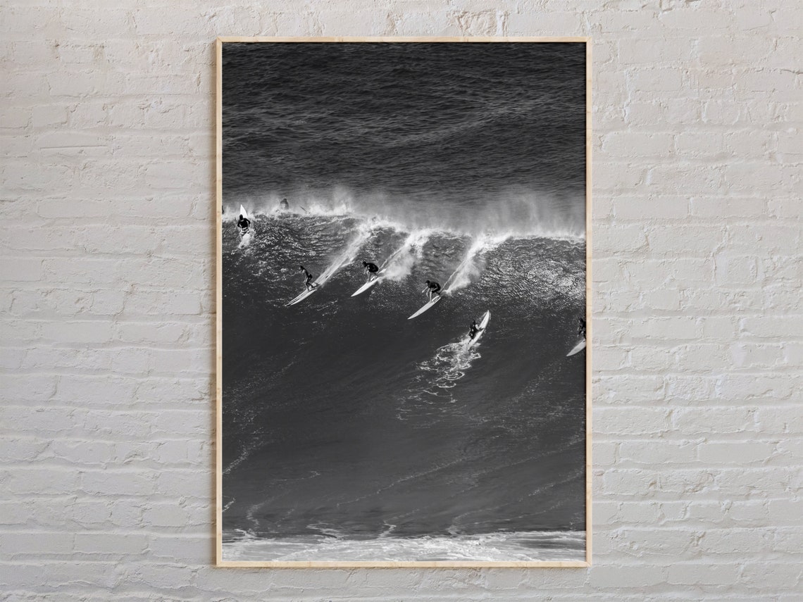 Hawaii Big Wave Surfers Dramatic Black And White Ocean Photo Poster