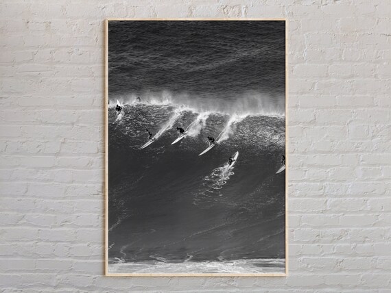 Hawaii Big Wave Surfers Dramatic Black And White Ocean Photo Poster