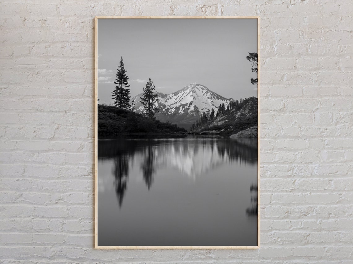 Snowy Mountain Lake Reflection Black And White Nature Photo Poster
