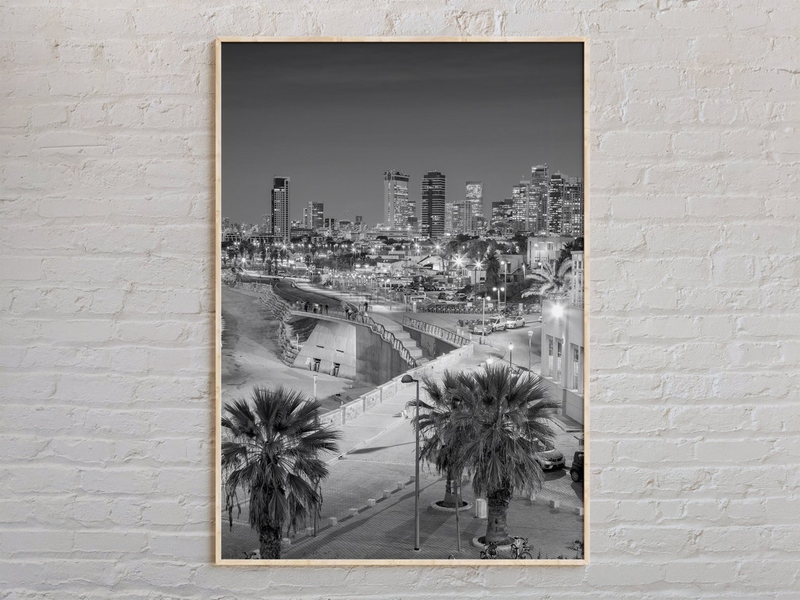 Tel Aviv Night Skyline Black And White Beachfront Photography Poster