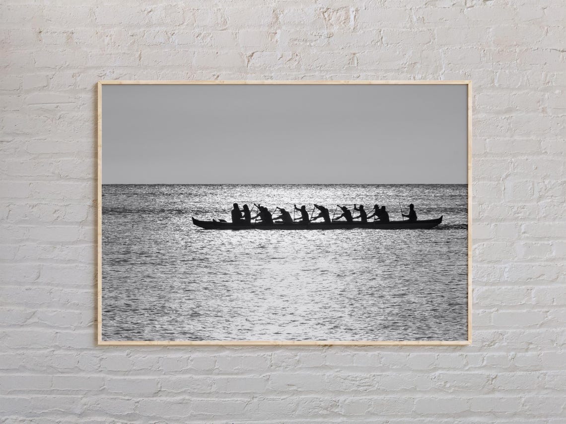 Hanalei Outrigger Canoe Sunrise Silhouette Black and White Poster